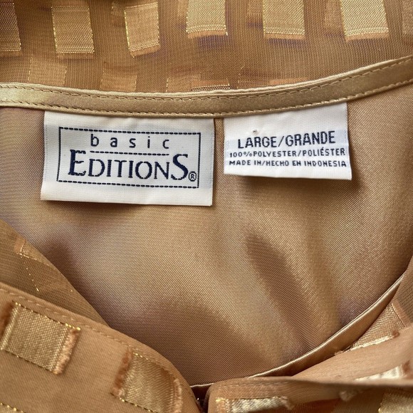 Basic Editions Sheer Jacquard Collared Button Up Gold Holiday Top Shirt Womens L - Picture 9 of 9